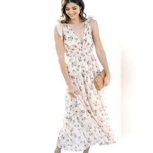 STORIA Patricia Shoulder Tie Floral Cottagecore Cream Pink Midi Dress. Sz Small